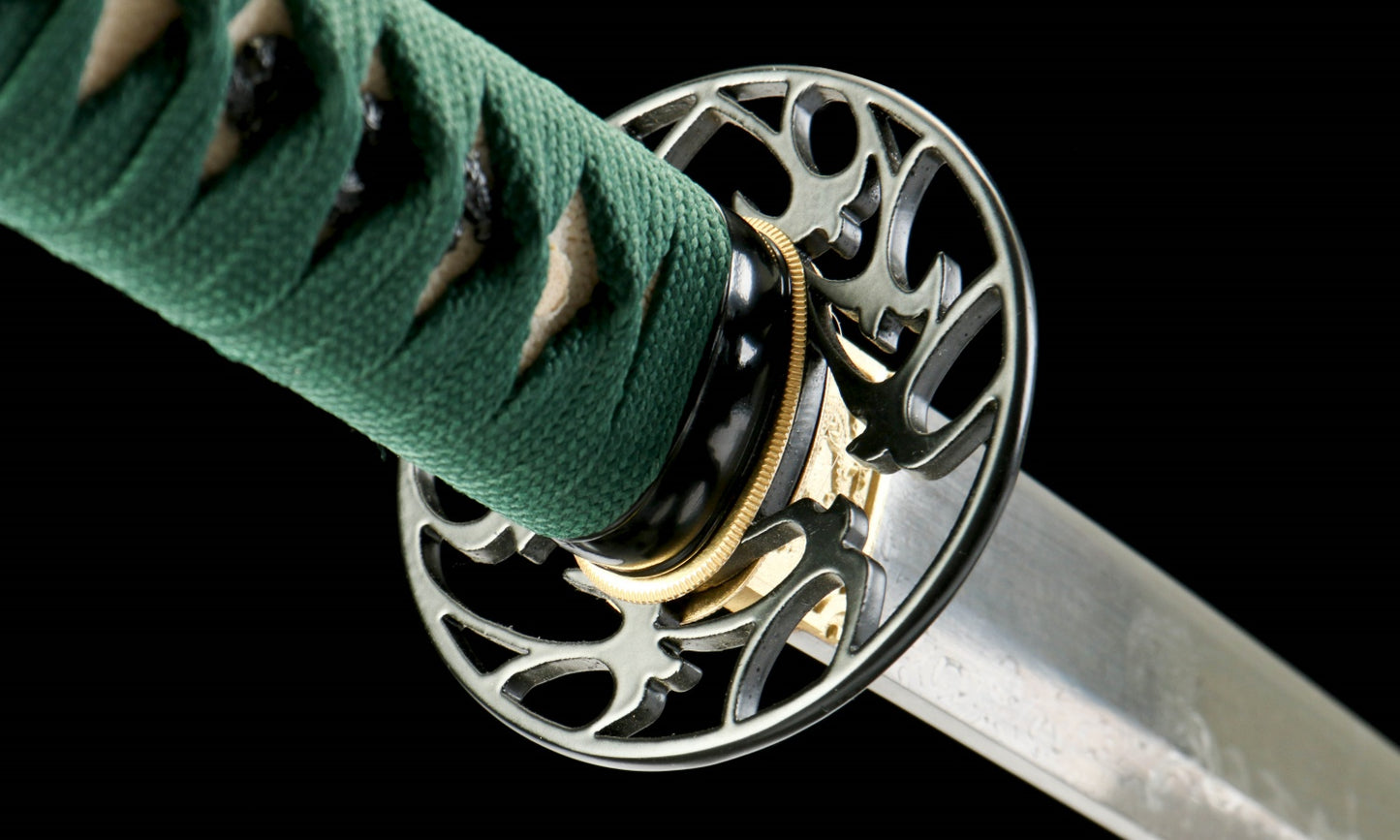 "Azure Ripple" Clover Damascus Katana | Iron Fittings & Genuine Ray Skin Handle | Hand-Forged No.670Battle-ready katana