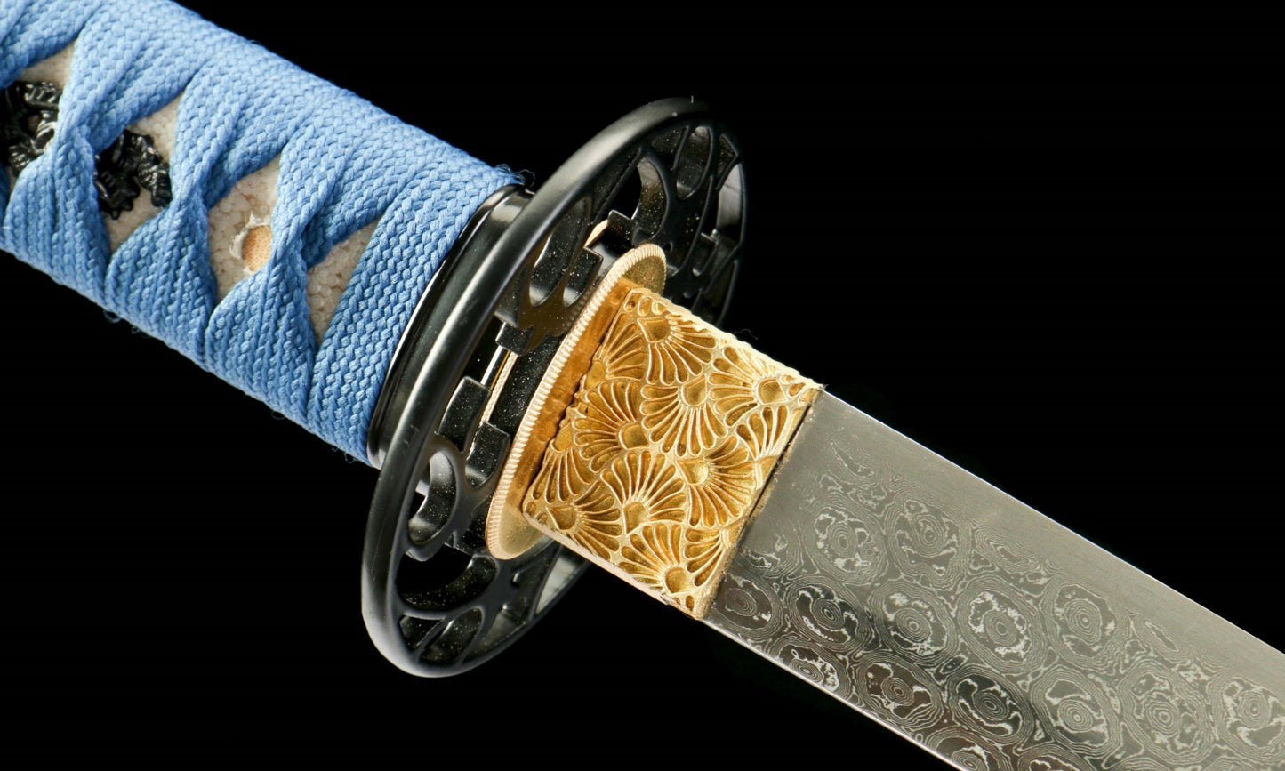 "Azure Flow" 28.3" Damascus Clover Pattern Katana | Chinese Pistache Scabbard & Genuine Ray Skin Handle | Iron Fittings | No.670Battle-ready katana