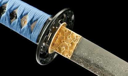 "Azure Tide" Damascus Clover Katana - 28.3" Wave Pattern Blade | Real Ray Skin Grip | Poseidon No.670,Functional samurai sword