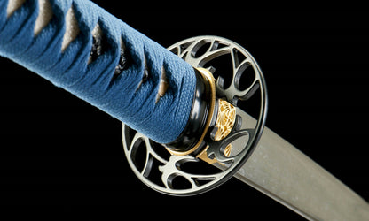 "Azure Flow" 28.3" Damascus Clover Pattern Katana | Chinese Pistache Scabbard & Genuine Ray Skin Handle | Iron Fittings | No.670Battle-ready katana