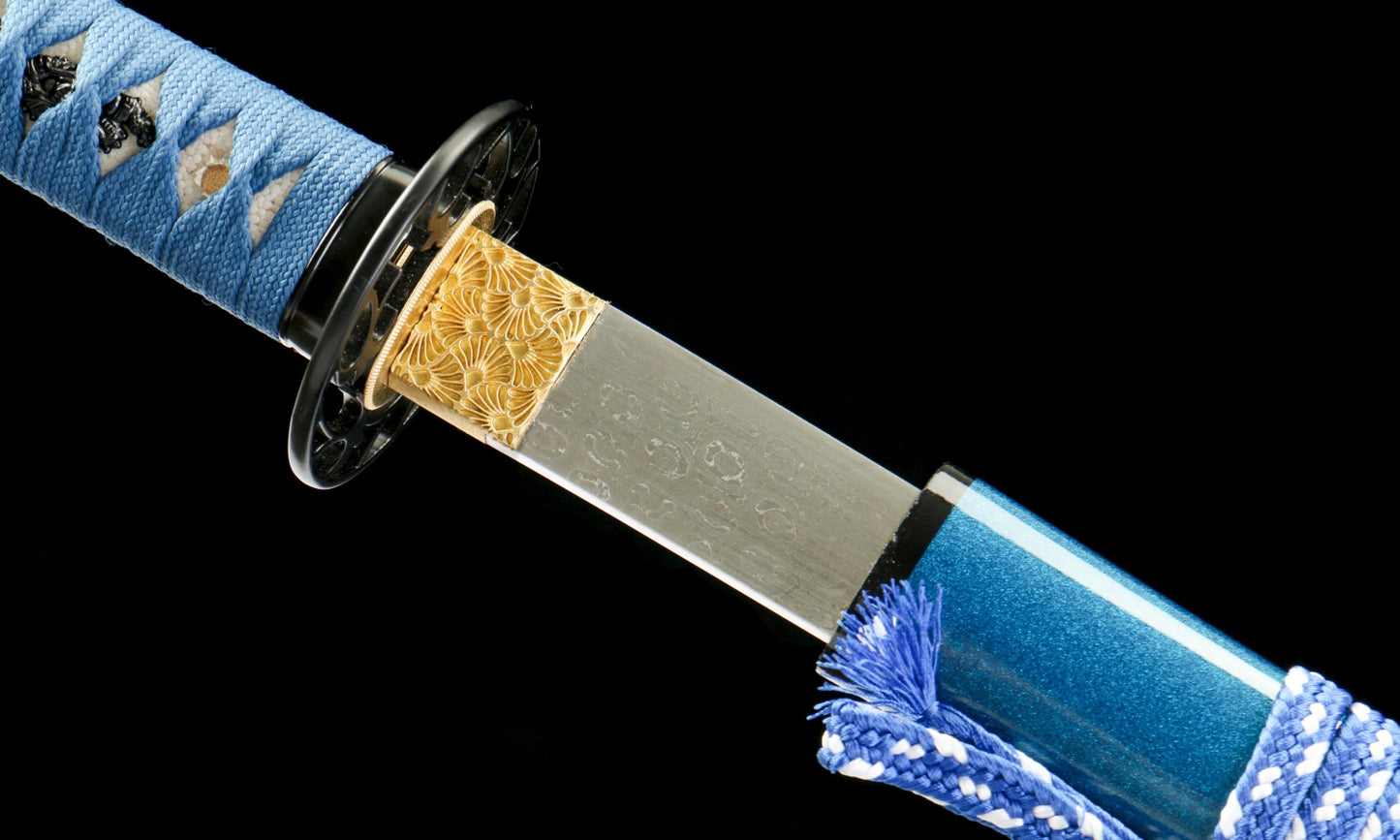 "Azure Tide" Damascus Clover Katana - 28.3" Wave Pattern Blade | Real Ray Skin Grip | Poseidon No.670,Functional samurai sword
