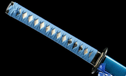 "Azure Flow" 28.3" Damascus Clover Pattern Katana | Chinese Pistache Scabbard & Genuine Ray Skin Handle | Iron Fittings | No.670Battle-ready katana