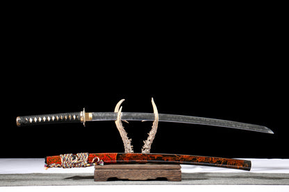 Casket Gold 26-inch T10 Steel Yakiiro Katana | Imitated Lacquered Sheath, Gilded Copper Fittings | Clay-Tempered Full-Tang Blade, Collector's Iaido Sword,Functional samurai sword