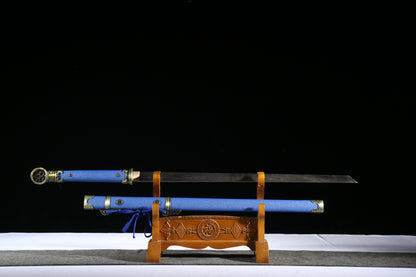 “Ling Long” Tang Dao, 103cm Pattern Welded Steel Blade, 58HRC, Hand-Polished, Leather-Covered Scabbard, for Collection & Martial Arts Appreciation,Hand-forged katana