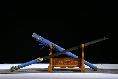 “Ling Long” Tang Dao, 103cm Pattern Welded Steel Blade, 58HRC, Hand-Polished, Leather-Covered Scabbard, for Collection & Martial Arts Appreciation,Hand-forged katana