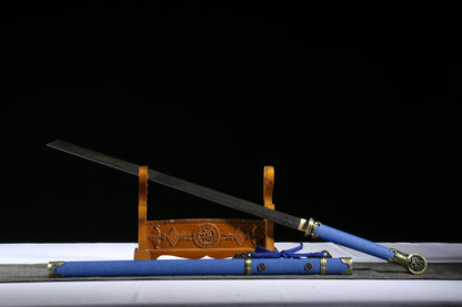 “Ling Long” Tang Dao, 103cm Pattern Welded Steel Blade, 58HRC, Hand-Polished, Leather-Covered Scabbard, for Collection & Martial Arts Appreciation,Hand-forged katana