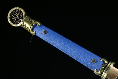 “Ling Long” Tang Dao, 103cm Pattern Welded Steel Blade, 58HRC, Hand-Polished, Leather-Covered Scabbard, for Collection & Martial Arts Appreciation,Hand-forged katana