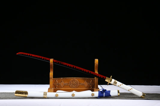 Voyage Adventure Theme Katana - “Platinum Sky Feather Cut” Anime Sword, 1045 Steel with 6-Step Polish, Black & Red Finish, Painted Wood Sheath,Functional samurai sword