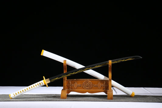 Thunder Breathing Katana - Anime Style Hexagon Polished & Blackened Blade, 1045 Steel 58 HRC, Painted Blue Bark Wood Sheath with Alloy Fittings, 105cm Functional samurai sword