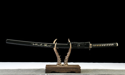 "Hunting Sword" Damascus Katana - 28.3" Clover Pattern Blade | Gold/Silver Plated Fittings | Premium Horn & Shell Saya | Limited Edition No.1410,Hand-forged katana