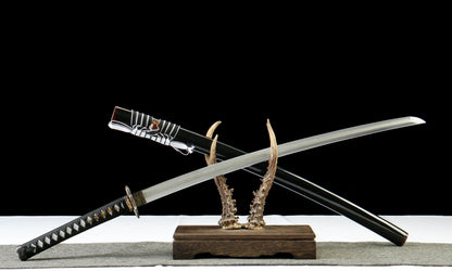 "Obsidian Roar" T10 Katana - 28.3" Clay Tempered Blade | Gold/Silver Dragon Fittings | Premium Buffalo Horn Saya | Artisan No.1250,Hand-forged katana