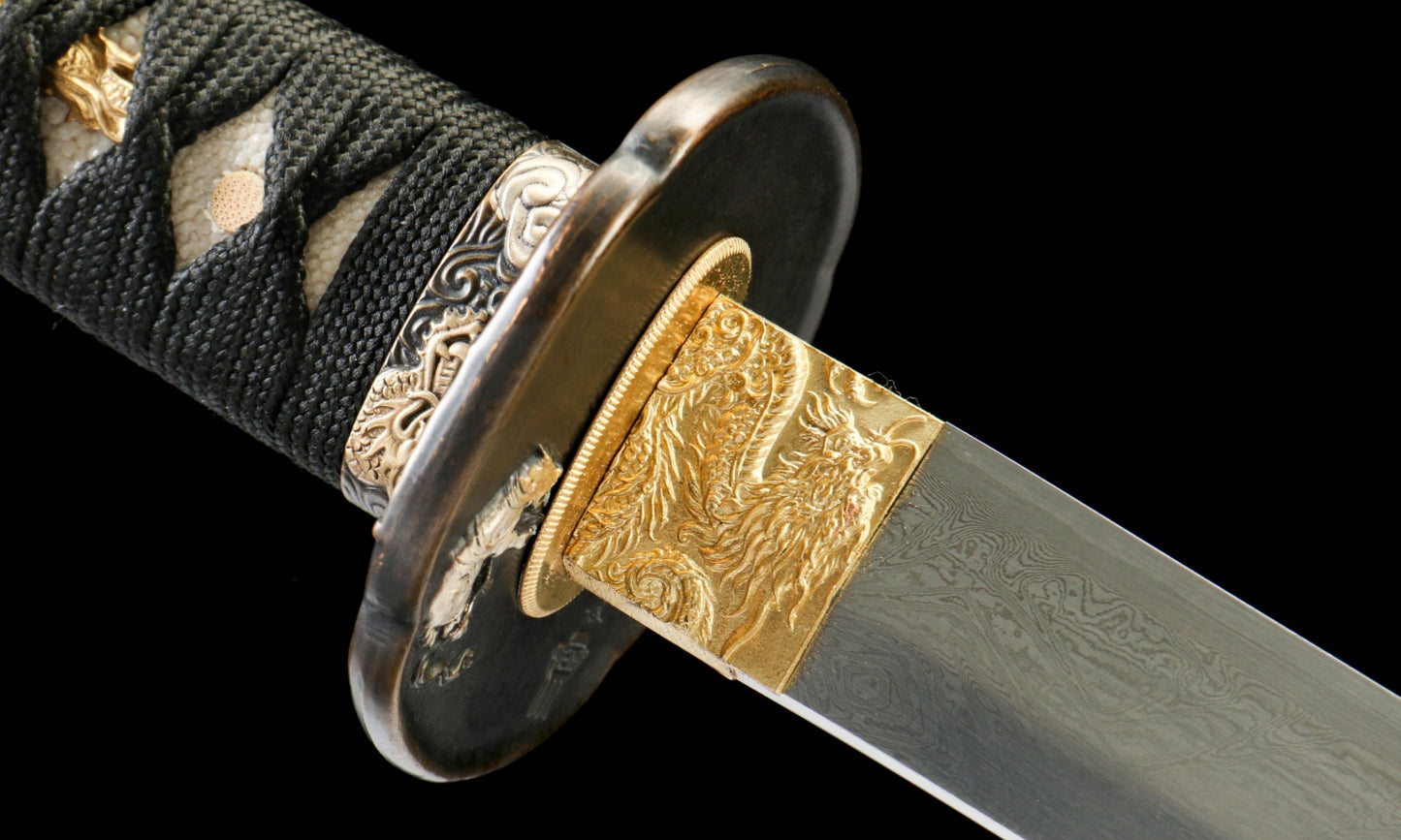 "Hunting Sword" Damascus Katana - 28.3" Clover Pattern Blade | Gold/Silver Plated Fittings | Premium Horn & Shell Saya | Limited Edition No.1410,Hand-forged katana