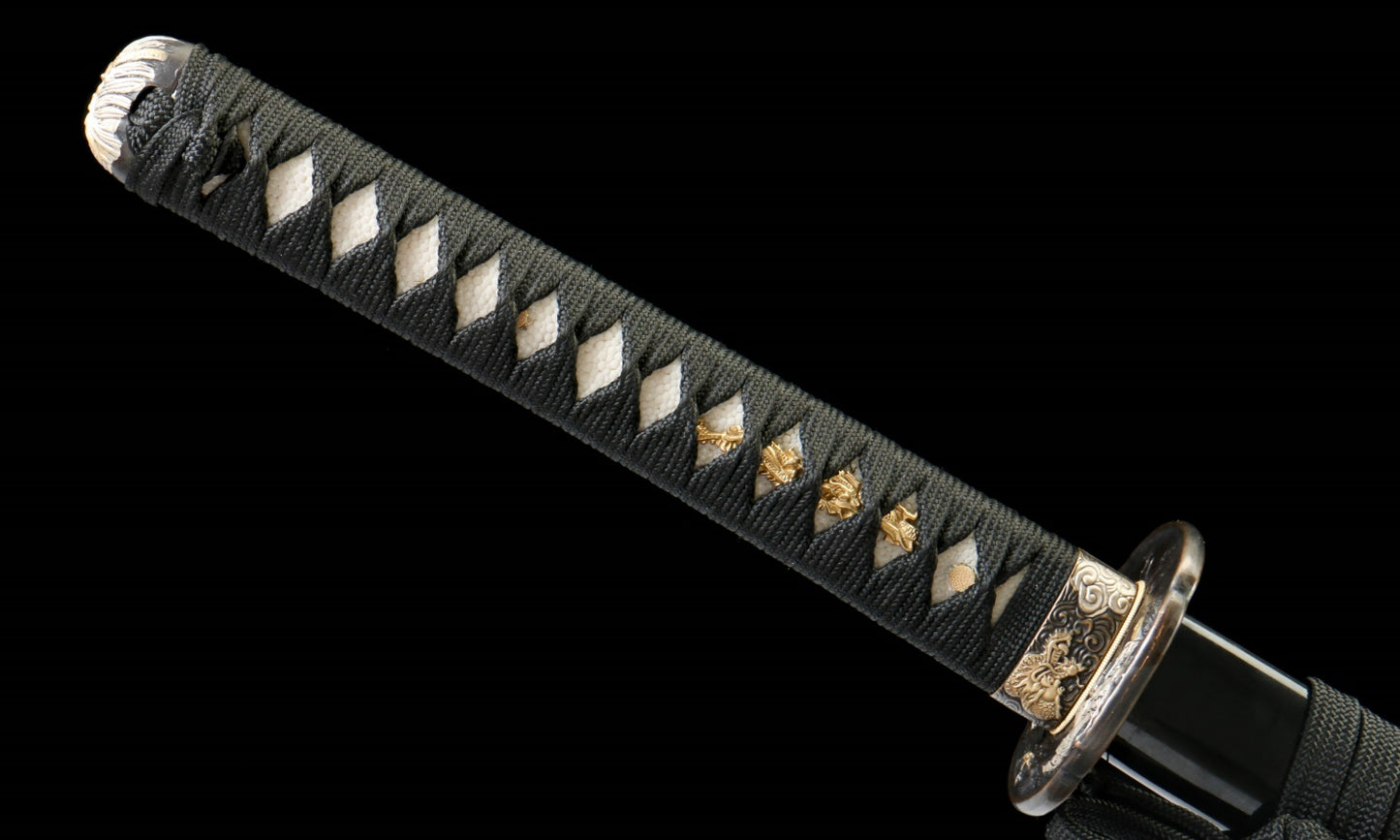 "Hunting Sword" Damascus Katana - 28.3" Clover Pattern Blade | Gold/Silver Plated Fittings | Premium Horn & Shell Saya | Limited Edition No.1410,Hand-forged katana