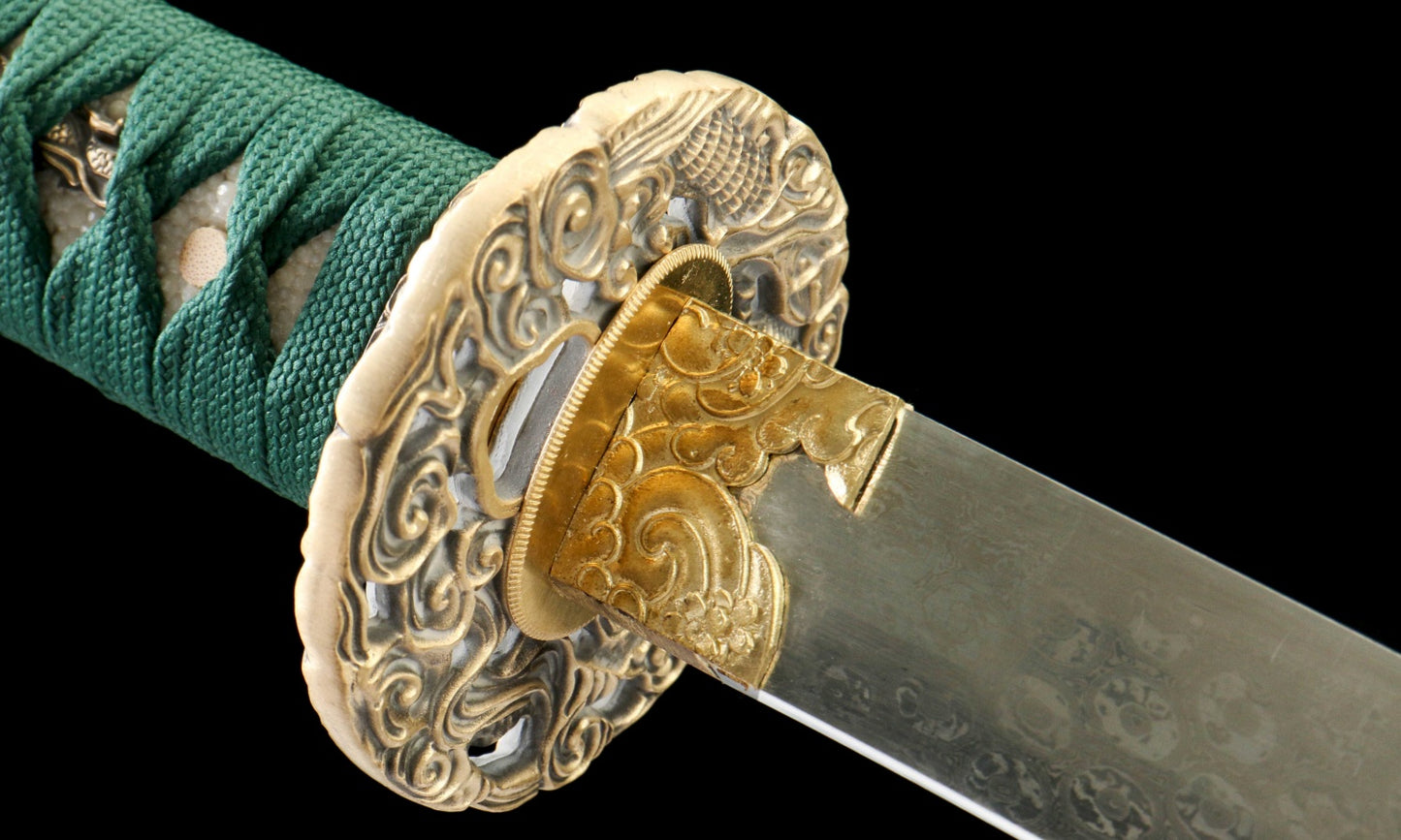 "Black Blaze" Damascus Katana - 28.3" Hand-Forged Blade | Copper Guard | Genuine Ray Skin | Artisan No.630,Functional samurai sword