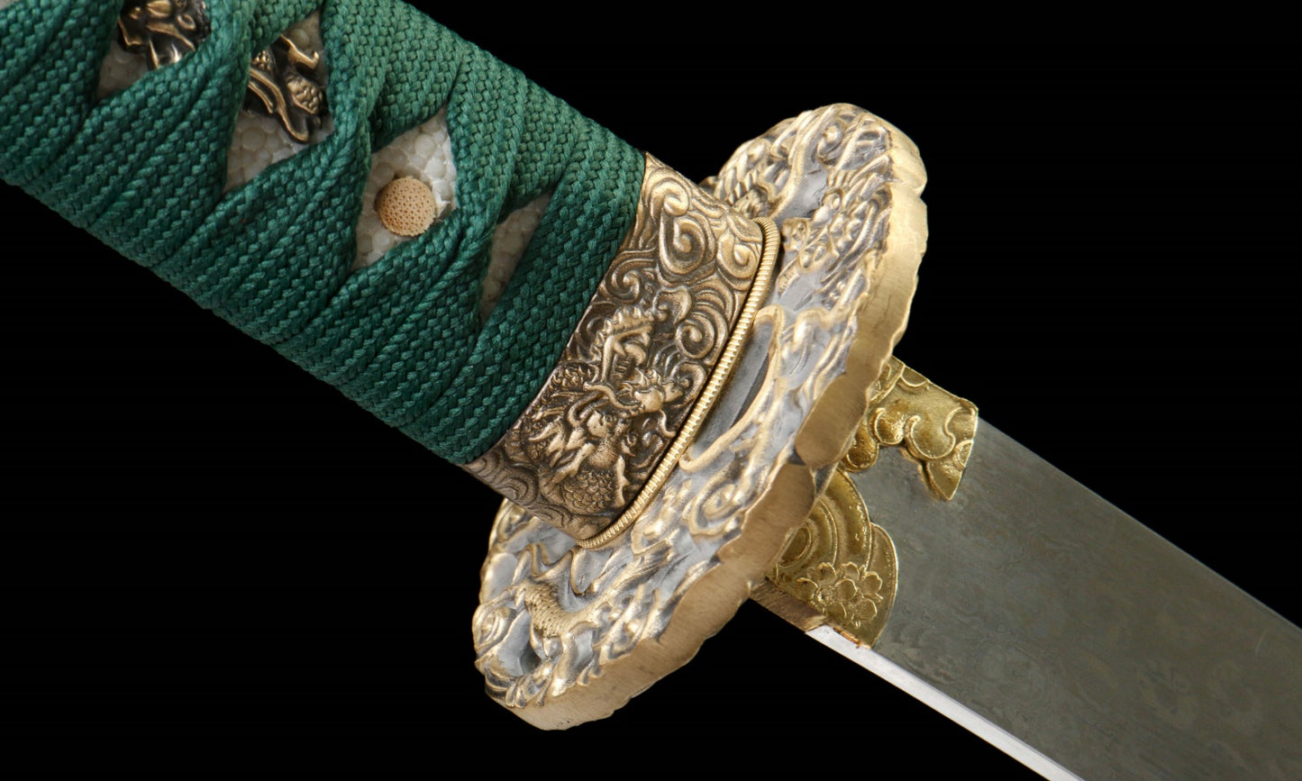 "Black Blaze" Damascus Katana - 28.3" Hand-Forged Blade | Copper Guard | Genuine Ray Skin | Artisan No.630,Functional samurai sword