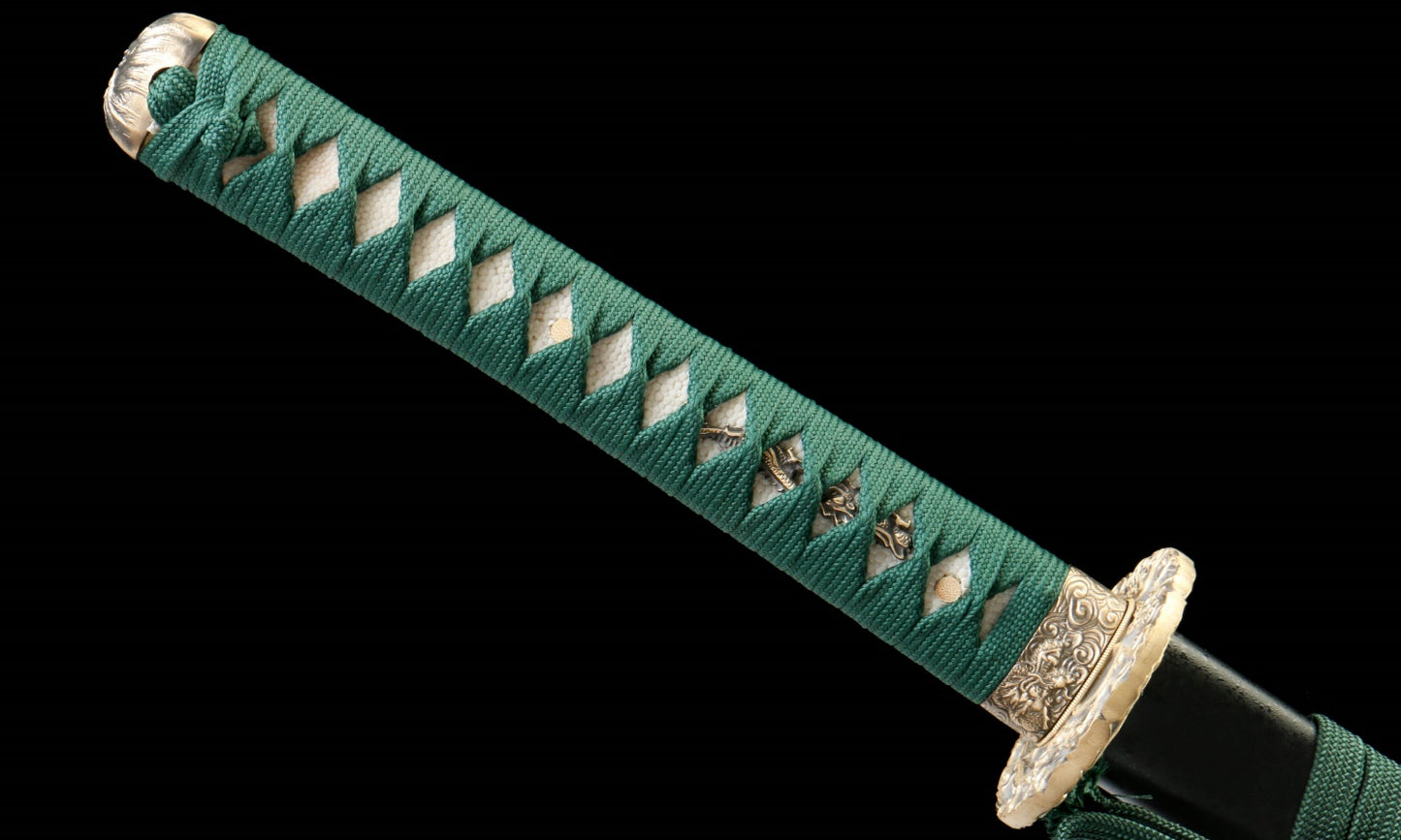 "Black Blaze" Damascus Katana - 28.3" Hand-Forged Blade | Copper Guard | Genuine Ray Skin | Artisan No.630,Functional samurai sword