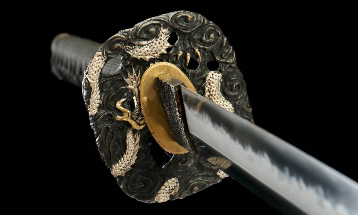 "Obsidian Roar" T10 Katana - 28.3" Clay Tempered Blade | Gold/Silver Dragon Fittings | Premium Buffalo Horn Saya | Artisan No.1250,Hand-forged katana