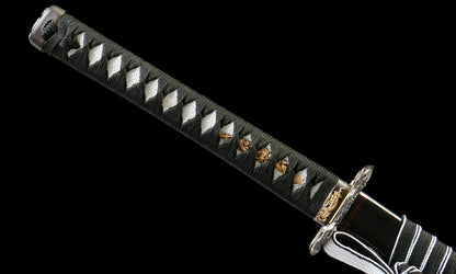 "Obsidian Roar" T10 Katana - 28.3" Clay Tempered Blade | Gold/Silver Dragon Fittings | Premium Buffalo Horn Saya | Artisan No.1250,Hand-forged katana