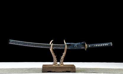 "Azure Roar" 1065 Blued Katana - 28.3" Wave-Pattern Blade | Qingpi Wood Saya | Zinc Alloy Fittings | No.410,Hand-forged katana