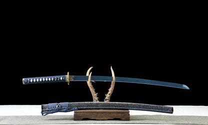 "Azure Roar" 1065 Blued Katana - 28.3" Wave-Pattern Blade | Qingpi Wood Saya | Zinc Alloy Fittings | No.410Hand-forged katana