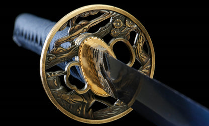 "Azure Roar" 1065 Blued Katana - 28.3" Wave-Pattern Blade | Qingpi Wood Saya | Zinc Alloy Fittings | No.410,Hand-forged katana