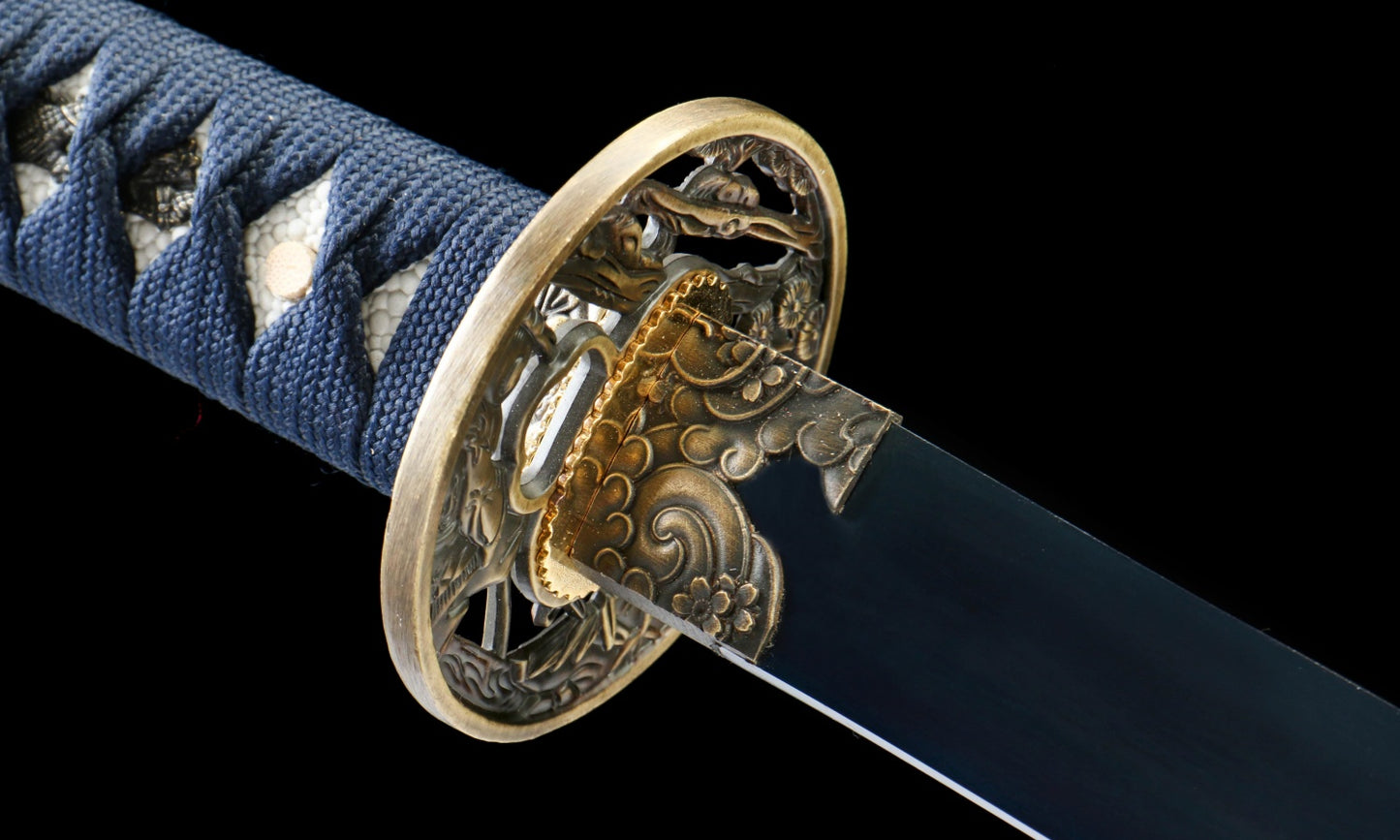 "Azure Roar" 1065 Blued Katana - 28.3" Wave-Pattern Blade | Qingpi Wood Saya | Zinc Alloy Fittings | No.410Hand-forged katana
