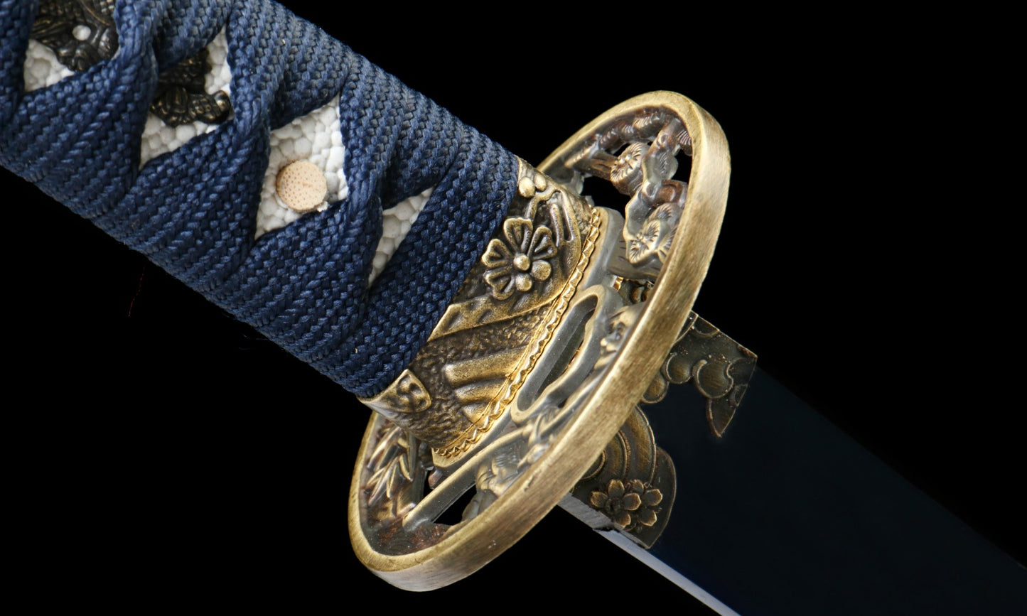 "Azure Roar" 1065 Blued Katana - 28.3" Wave-Pattern Blade | Qingpi Wood Saya | Zinc Alloy Fittings | No.410,Hand-forged katana