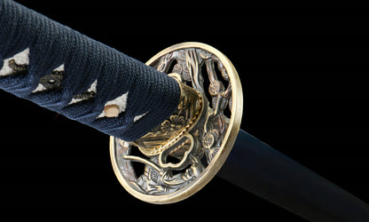 "Azure Roar" 1065 Blued Katana - 28.3" Wave-Pattern Blade | Qingpi Wood Saya | Zinc Alloy Fittings | No.410,Hand-forged katana