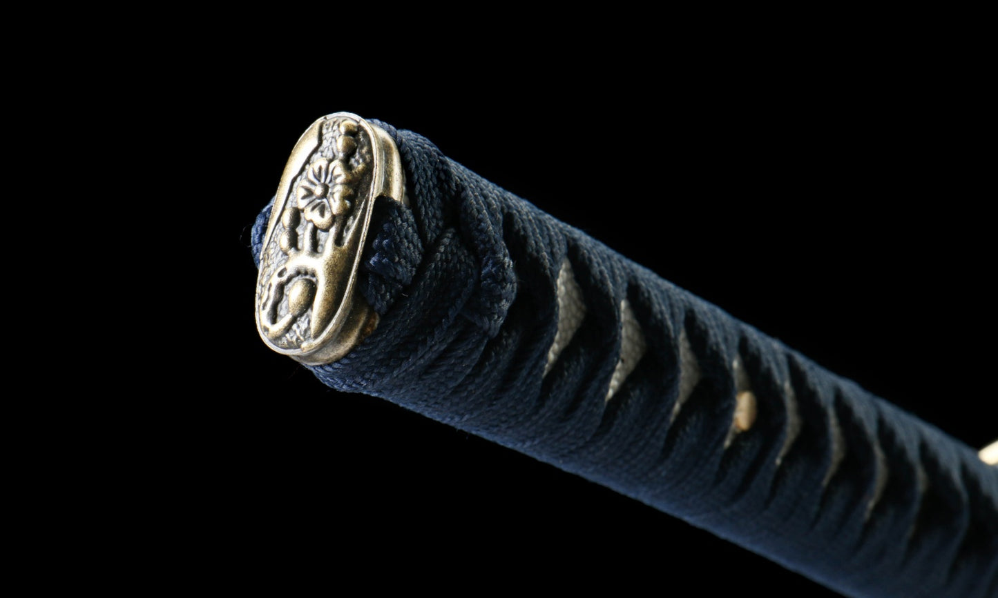 "Azure Roar" 1065 Blued Katana - 28.3" Wave-Pattern Blade | Qingpi Wood Saya | Zinc Alloy Fittings | No.410,Hand-forged katana