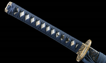 "Azure Roar" 1065 Blued Katana - 28.3" Wave-Pattern Blade | Qingpi Wood Saya | Zinc Alloy Fittings | No.410,Hand-forged katana