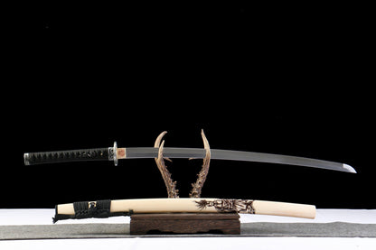 Tranquil Radiance 26-inch Katana with Wooden Dragon Carving | 1060 Steel Precision Tempering | Genuine Ray Skin Handle & Alpine Hardwood Sheath | Collector's Hand-Forged Sword,Functional samurai sword
