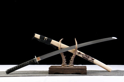 Tranquil Radiance 26-inch Katana with Wooden Dragon Carving | 1060 Steel Precision Tempering | Genuine Ray Skin Handle & Alpine Hardwood Sheath | Collector's Hand-Forged Sword,Functional samurai sword