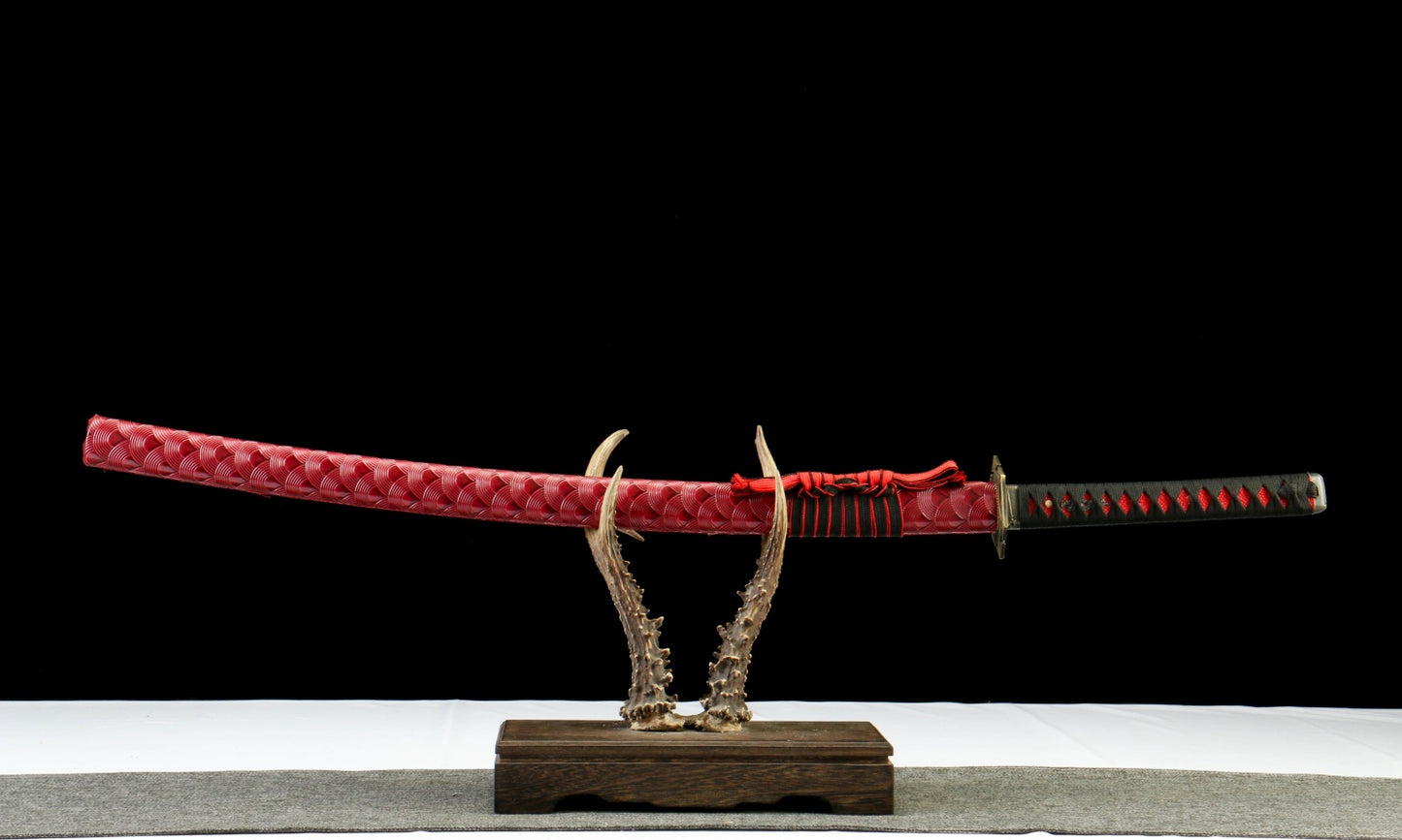 "Abyssal Flame" 1065 High Carbon Steel Katana - Oil Quenched & Tempered/Blue Stained Hardwood Sheath - Zinc Alloy Fittings (40.5" Overall) Handcrafted No.370Battle-ready katana