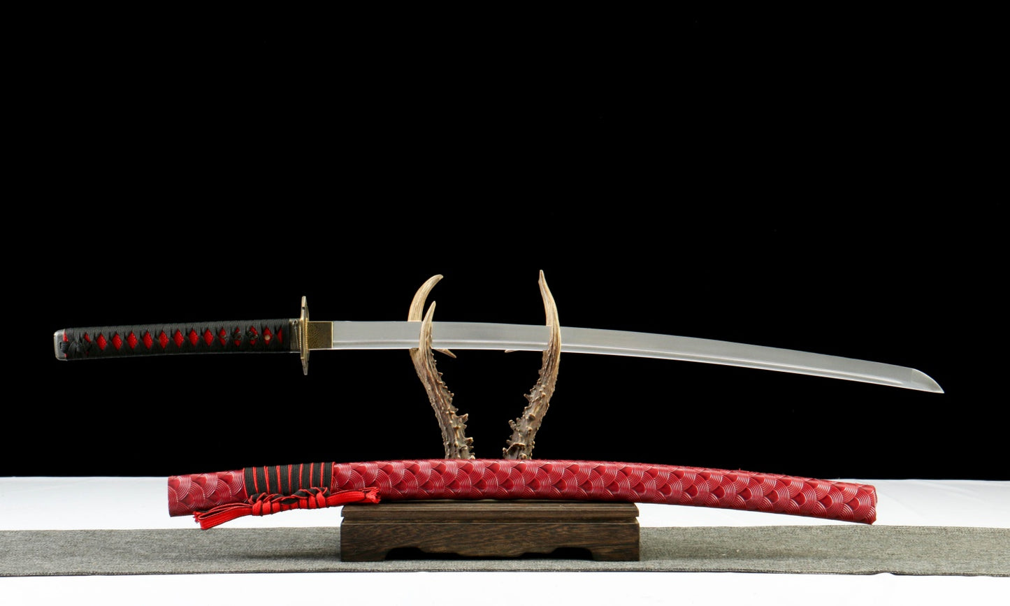 "Abyssal Flame" 1065 High Carbon Steel Katana - Oil Quenched & Tempered/Blue Stained Hardwood Sheath - Zinc Alloy Fittings (40.5" Overall) Handcrafted No.370Battle-ready katana