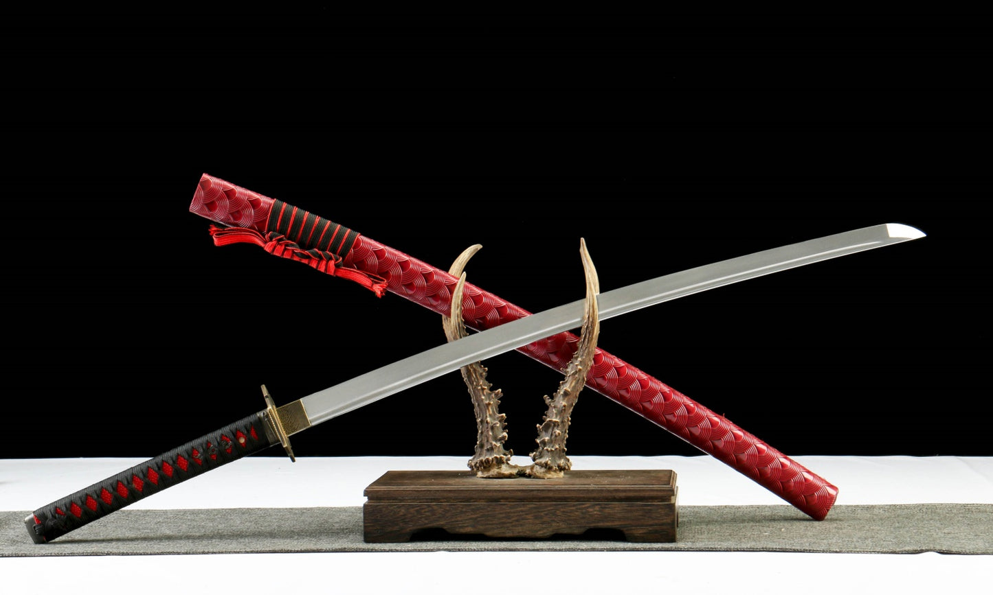 "Abyssal Flame" 1065 High Carbon Steel Katana - Oil Quenched & Tempered/Blue Stained Hardwood Sheath - Zinc Alloy Fittings (40.5" Overall) Handcrafted No.370Battle-ready katana