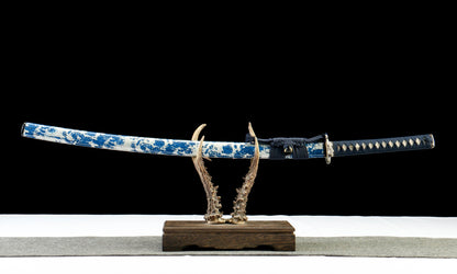 2025 NEW "Ocean Shadow" Hand-Forged Katana Sword - T10 Clay-Tempered Hamon/Japanese Gold Foil Lacquer Sheath - Copper Fittings with Gold & Silver Inlay - Oil-Quenched & Tempered (40.5" Overall) No.2450Battle-ready katana