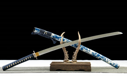 2025 NEW "Ocean Shadow" Hand-Forged Katana Sword - T10 Clay-Tempered Hamon/Japanese Gold Foil Lacquer Sheath - Copper Fittings with Gold & Silver Inlay - Oil-Quenched & Tempered (40.5" Overall) No.2450Battle-ready katana