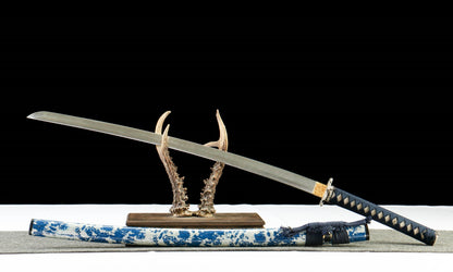 2025 NEW "Ocean Shadow" Hand-Forged Katana Sword - T10 Clay-Tempered Hamon/Japanese Gold Foil Lacquer Sheath - Copper Fittings with Gold & Silver Inlay - Oil-Quenched & Tempered (40.5" Overall) No.2450Battle-ready katana
