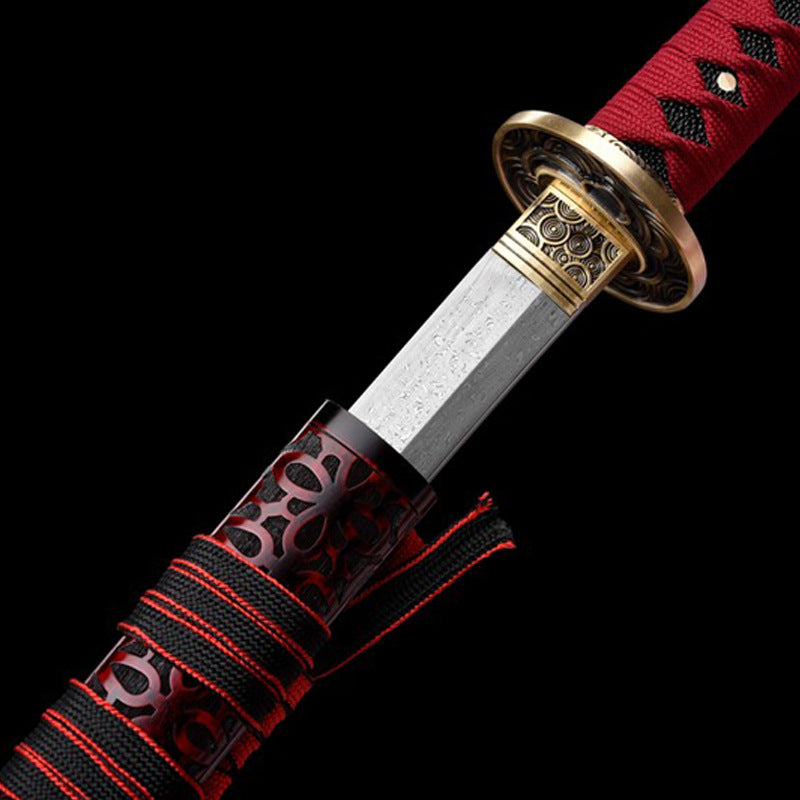 Red Princess - Anime Style Collectible Katana, Pattern Steel Blade, Hand-Carved Lacquered Wood Saya, 103cm Overall, Lightweight 1.3kg