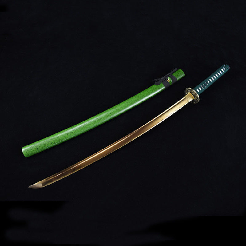 Jade Samurai Movie Katana, Hand-Forged Carbon Steel with Gold Finish, 103cm Overall & 72cm Blade, Lacquered Wood Sheath Display Piece