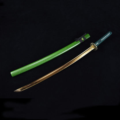 Jade Samurai Movie Katana, Hand-Forged Carbon Steel with Gold Finish, 103cm Overall & 72cm Blade, Lacquered Wood Sheath Display Piece