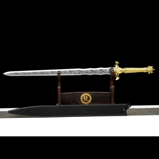 “Dragon Soul” European Style Sword - Movie Prop & Cosplay Sword, Wide High Manganese Steel Blade, Wood & Leather Sheath, 100cm for Display & Roleplay,Full tang sword, Tameshigiri practice