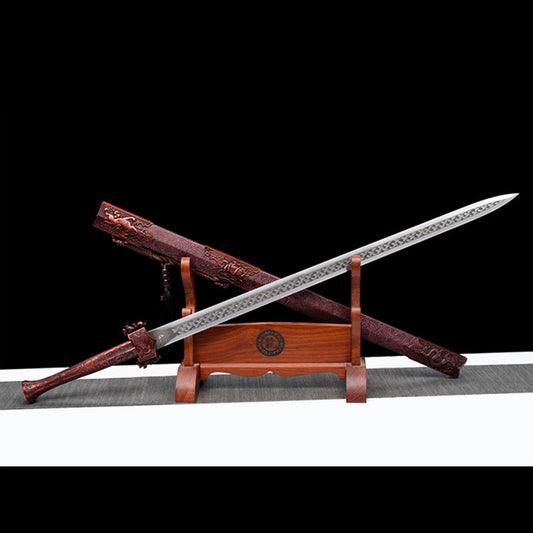 Four Beasts Han Jian (Dragon Eye) - Movie-Style Wide-Blade Han Sword, 4.0cm Spring Steel Forged, 108cm Overall, Wood & Leather Sheath