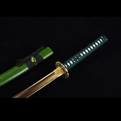Jade Samurai Movie Katana, Hand-Forged Carbon Steel with Gold Finish, 103cm Overall & 72cm Blade, Lacquered Wood Sheath Display Piece