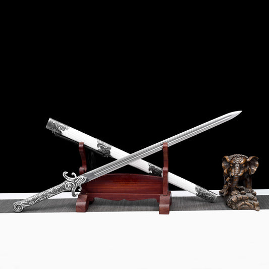 Feather Plume Jian (Silver Version), High Manganese Steel Chinese Sword, Leather-Wrapped Wood Scabbard, 118cm Total Length, Handcrafted Collectible,Full tang sword, Tameshigiri practice