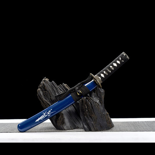 Blue Silver Grass Wakizashi - Movie/ TV Style Japanese Short Sword, Medium Carbon Steel Blade, Lacquered Wood Sheath, 55cm for Collection