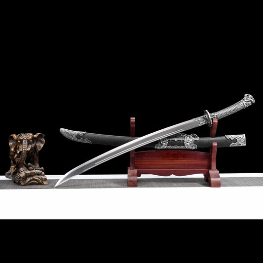 Double Dragon Movie Sword - Chinese Film Style Collectible Blade, High Manganese Steel, 103cm Overall, Wood & Leather Sheath