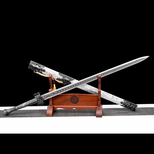 Four Beasts Han Sword, 108cm Spring Steel Chinese Jian, Traditional Leather-Wrapped Wood Sheath, Handcrafted Collectible