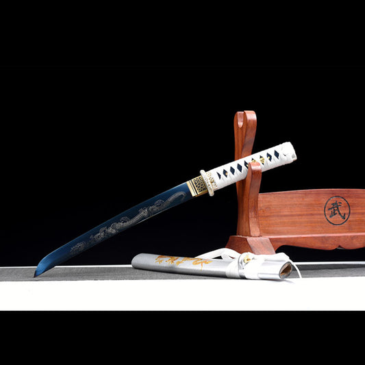 White Dragon's Roar Japanese Short Sword, Forged High Manganese Steel, Hand-Painted Lacquer Wood Sheath, 55cm Overall, Handmade Collectible