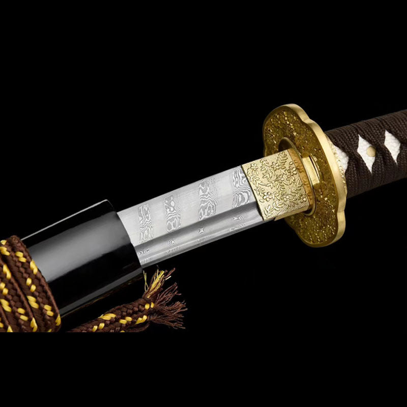 Chrysanthemum Pattern Steel Wakizashi - Movie Style Japanese Short Sword, Pattern Steel Blade with Lacquered Wood Saya, 55cm Compact Collectible